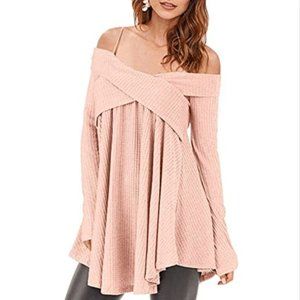 Open Shoulder Crisscross Tunic Sweater, Pig pink